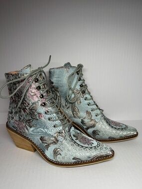 Bridgerton Inspired Floral Tapestry Lace Up Ankle Boots Victorian Style Size 6